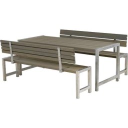 Ensemble table et bancs, bois de conifères certifié, brun gris, avec dossier