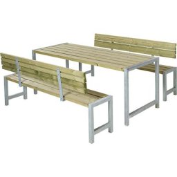 Ensemble table et bancs, bois de conifères certifié, pin naturel, avec dossier