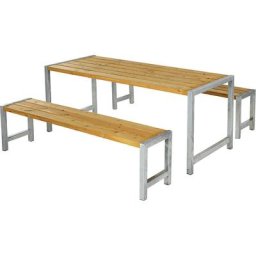 Ensemble table et bancs, bois de conifères certifié, bois de mélèze