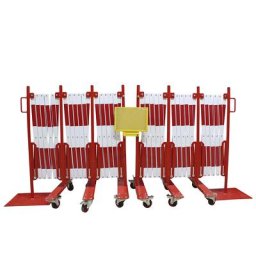 Barrière extensible, pied en acier et roulettes, réfléchissant, rouge / blanc, longueur max. 16000 mm
