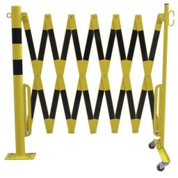 Potelet avec barrière extensible, tube rond Ø 60 mm, à cheviller, jaune / noir, longueur max. 4000 mm