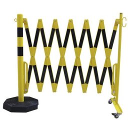 Potelet avec barrière extensible, tube rond Ø 60 mm, platine mobile, jaune / noir, longueur max. 4000 mm