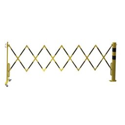 Potelet avec barrière extensible, tube carré 70 x 70 mm, à cheviller, jaune / noir, longueur max. 3600 mm