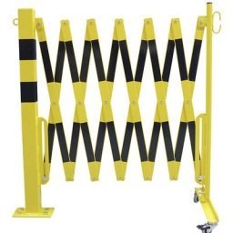 Potelet avec barrière extensible, tube carré 70 x 70 mm, à cheviller, jaune / noir, longueur max. 4000 mm