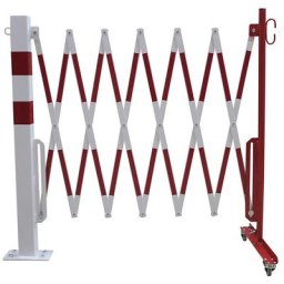 Potelet avec barrière extensible, tube carré 70 x 70 mm, à cheviller, réfléchissant, rouge / blanc, longueur max. 3600 mm