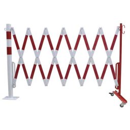 Potelet avec barrière extensible, tube rond Ø 60 mm, à cheviller, réfléchissant, rouge / blanc, longueur max. 4000 mm