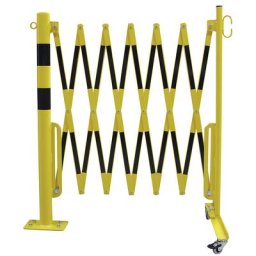 Potelet avec barrière extensible, tube rond Ø 60 mm, à cheviller, jaune / noir, longueur max. 3600 mm