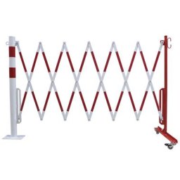 Potelet avec barrière extensible, tube rond Ø 60 mm, à cheviller, réfléchissant, rouge / blanc, longueur max. 3600 mm