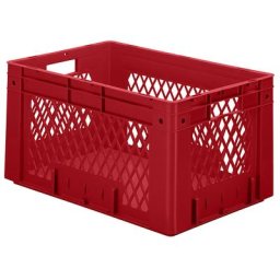 Bac norme Europe pour charges lourdes, en polypropylène, capacité 60 l, L x l x h 600 x 400 x 320 mm, parois ajourées, fond plein, rouge, lot de 2