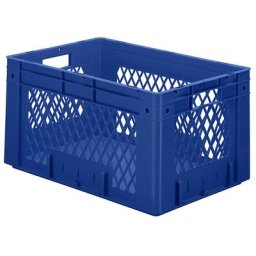 Bac norme Europe pour charges lourdes, en polypropylène, capacité 60 l, L x l x h 600 x 400 x 320 mm, parois ajourées, fond plein, bleu, lot de 2