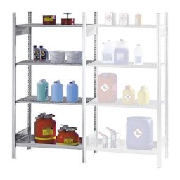 Rayonnage pour bidons contenant des produits inflammables dangereux pour la nappe phréatique, 3 tablettes en caillebotis, 1 tablette de rétention, rayonnage de base, largeur 1000 mm
