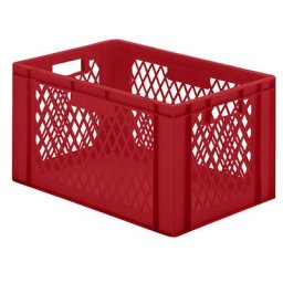 Bac gerbable normes Europe à parois ajourées et fond plein, L x l x h 600 x 400 x 320 mm, rouge, lot de 5