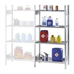 Rayonnage pour bidons contenant des produits inflammables dangereux pour la nappe phréatique, 3 tablettes en caillebotis, 1 tablette de rétention, rayonnage additionnel, largeur 1000 mm