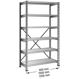 Rayonnage emboîtable pour le stockage et l'industrie, largeur tablette 1200 mm, 6 tablettes, rayonnage de base profondeur 700 mm