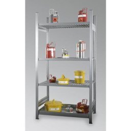 Rayonnage pour bidons contenant des produits inflammables dangereux pour la nappe phréatique, 3 tablettes en caillebotis, 1 tablette de rétention, rayonnage de base, largeur 1300 mm