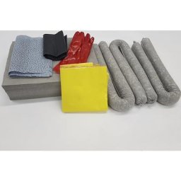 Kit d'urgence anti-fuites avec plaque d'étanchéité jetable, sac, plaque d'étanchéité, feuilles absorbantes, absorption 50 l, version universelle, grise, à partir de 5 pièces