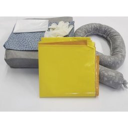 Kit d'urgence anti-fuites avec plaque d'étanchéité jetable, sac, plaque d'étanchéité, feuilles absorbantes, absorption 20 l, version universelle, grise