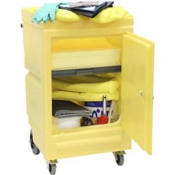 Chariot d'urgence anti-fuites, feuilles, boudins et granulés absorbants, version produits chimiques, feuilles jaunes