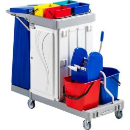 Chariot d'entretien POLY III, 2 seaux de 15 litres, 4 seaux de 4 litres, avec portes verrouillables
