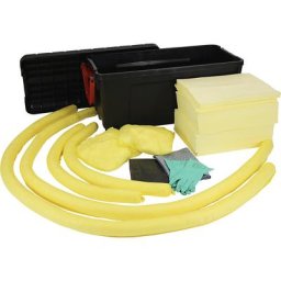 Kit d'urgence anti-fuites, dans une caisse roulante en plastique, version produits chimiques