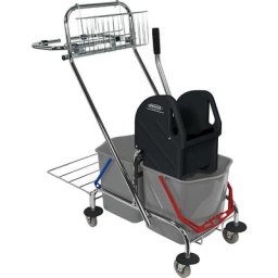 Chariot de nettoyage, chariot de 2 seaux de 17 litres avec support sac-poubelle, et barre de poussée, panier et grille de rangement