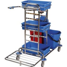 Kit chariot d'entretien, L x l x h 1050 x 580 x 1100 mm, 3 bacs en plastique, 10 balais à franges, kit balai à franges Faubert