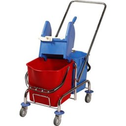 Chariot d'entretien, chariot à 2 seaux de 25 litres, presse à essorer pivotante, kit balai à franges plates