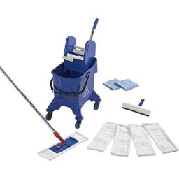 Kit de nettoyage professionnel, avec chariot à un seau de 30 l, support repliable avec manche chromé en 2 parties