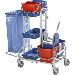 eurokraft pro Chariot d'entretien en inox, 2 seaux de 10 l, 2 seaux de 15 l et presse à essorer, roulettes en plastique