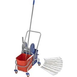 eurokraft pro Kit chariot d'entretien en inox, kit avec 2 seaux de 25 l et presse à essorer, roulettes métalliques et balai à franges
