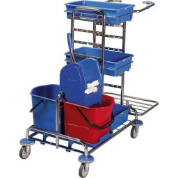 Kit chariot d'entretien, L x l x h 1050 x 580 x 1100 mm, 3 bacs en plastique, 10 balais à franges, kit balai à franges plates