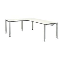 mauser Bureau avec plan de liaison avec pieds en tubes carrés et rectangulaires, h x l x p 650 - 850 x 1800 x 800 mm, élément d'angle à gauche (largeur 1000 mm), plateau blanc, piétement aluminium