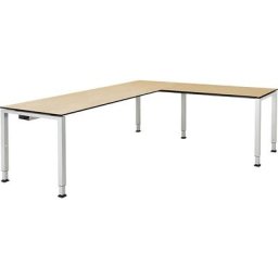 mauser Bureau avec plan de liaison avec pieds en tubes carrés et rectangulaires, h x l x p 650 - 850 x 2000 x 800 mm, plateau à noyau plein, élément d'angle à droite, plateau façon érable, piétement aluminium