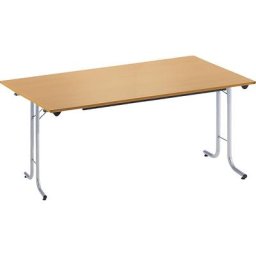Table pliante à chants arrondis, piétement en tube rond, plateau rectangulaire, 1400 x 700 mm, piétement coloris aluminium, plateau façon hêtre