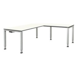 mauser Bureau avec plan de liaison avec pieds en tubes carrés et rectangulaires, h x l x p 650 - 850 x 1800 x 800 mm, élément d'angle à droite (largeur 1000 mm), plateau blanc, piétement aluminium