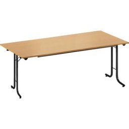 Table pliante à chants arrondis, piétement en tube rond, plateau rectangulaire, 1600 x 700 mm, piétement noir, plateau façon hêtre