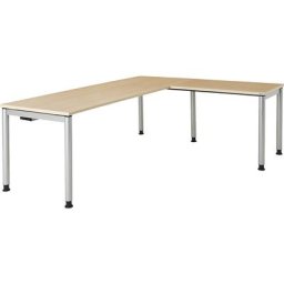 mauser Bureau avec plan de liaison et pieds en tube rond, h x l x p 680 - 760 x 2000 x 800 mm, élément d'angle à droite, plateau façon érable, piétement aluminium