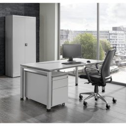 mauser Bureau complet ARCOS, bureau, armoire à porte battante, caisson roulant avec tiroir pour dossiers suspendus, gris clair