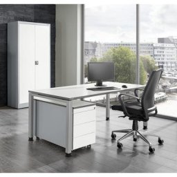 mauser Bureau complet ARCOS, bureau, armoire à porte battante, caisson roulant à 3 tiroirs, aluminium / blanc pur