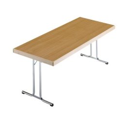 Tables pliantes, piétement en T, 1500 x 800 mm, piétement chromé, plateau façon hêtre