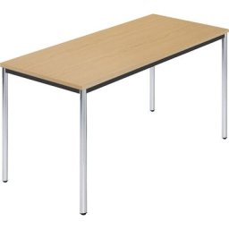Table rectangulaire en tube rond chromé, l x p 1400 x 700 mm, hêtre naturel
