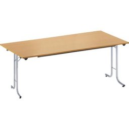 Table pliante à chants arrondis, piétement en tube rond, plateau rectangulaire, 1600 x 700 mm, piétement coloris aluminium, plateau façon hêtre