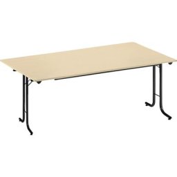 Table pliante à chants arrondis, piétement en tube rond, plateau rectangulaire, 1600 x 800 mm, piétement noir, plateau façon érable