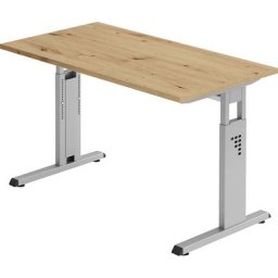 Bureau Mini-Office C, piétement en L coloris aluminium, largeur 1200 mm, façon chêne