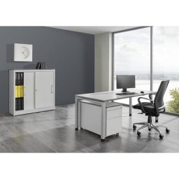 mauser Bureau complet ARCOS, bureau, armoire à portes coulissantes, caisson roulant avec tiroir pour dossiers suspendus, gris clair