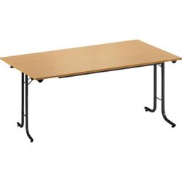 Table pliante à chants arrondis, piétement en tube rond, plateau rectangulaire, 1400 x 700 mm, piétement noir, plateau façon hêtre