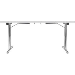 Table pliante à piétement en double T, piétement en tube d'acier rond chromé, blanc/blanc, l x p 1400 x 700 mm