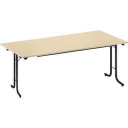 Table pliante à chants arrondis, piétement en tube rond, plateau rectangulaire, 1600 x 700 mm, piétement noir, plateau façon érable