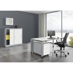 mauser Bureau complet ARCOS, bureau, armoire à portes coulissantes, caisson roulant à 3 tiroirs, aluminium / blanc pur