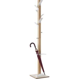 Portemanteau sur pied, bois massif, avec porte-parapluies et égouttoir, couronne blanche